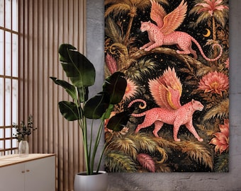Fantasy winged leopard canvas art, pink celestial jungle botanical wall decor
