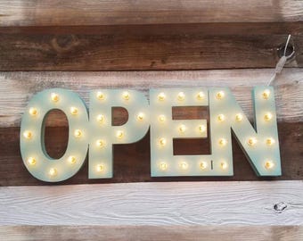 Customizable lighted open sign, vintage style wood marquee