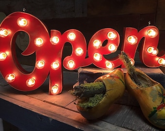 Custom lighted marquee 'open' sign – ideal for boutiques, vendors, or events. handcrafted wood design with bright lights to draw attention!