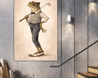 Vintage frog gentleman golf art print, whimsical canvas wall decor