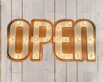 Handmade wood open marquee sign – lighted business decor