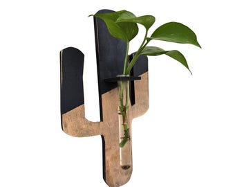 Cactus wood wall art living plant propagation water plants; mid century, boho, customized, personalized, propagation station, wall vase
