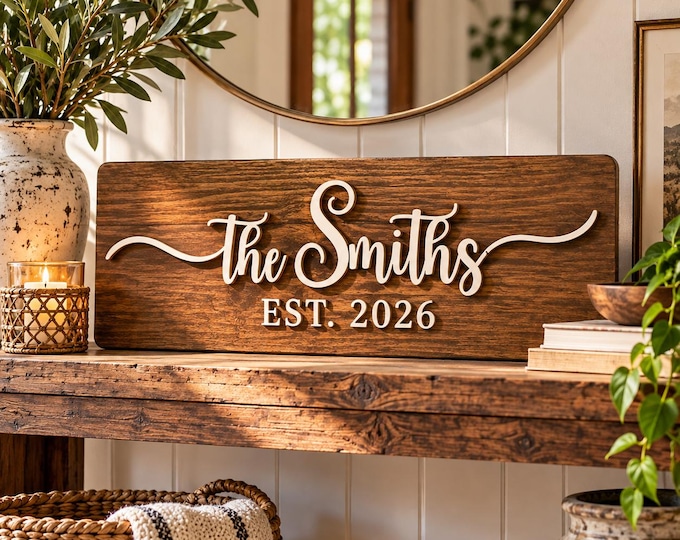 Featured listing image: Custom Family Name Wood Sign, Farmhouse Boho Mic Century Wedding Engagement Gift