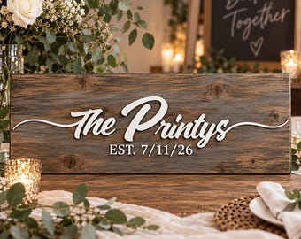 Custom wood family name sign, personalized wedding gift, laser-cut plank décor