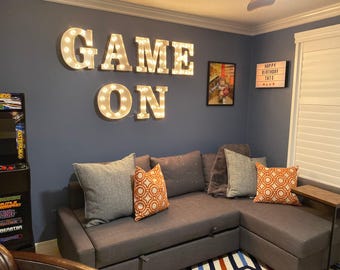 Custom 18" metal marquee sign, 4 letter word play ball game time room custom personalized