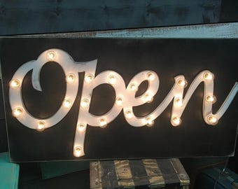 OPEN Sign Lighted Marquee Sign Large Custom Vintage Inspired Wood Sign… Business Boutique Vendor Event