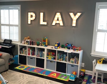 Marquee sign marquee letters 4pc personalized play love wood lighted marquee sign ....game room kids room wedding photo prop pictures party
