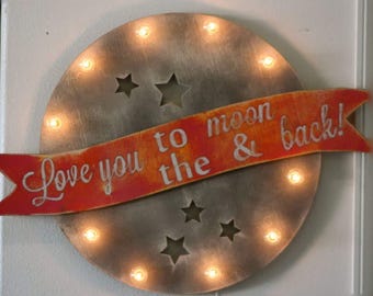 Wood sign love you to the moon & back marquee vintage inspired…. home love baby nursery wedding anniversary room