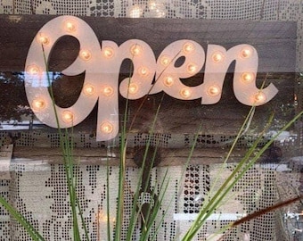 Handmade wood open marquee sign, lighted business decor