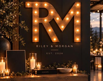Custom Lighted Monogram Brand Sign, Wedding Initials, Personalized Wood Marquee Decor Logo