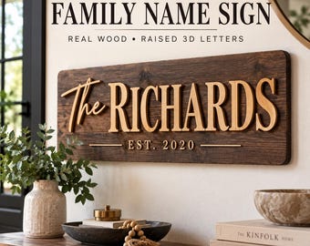 Custom 3D Wood Family Name Sign, Raised Laser-Cut Letters, Real Wood Plank (Personalized Wedding)