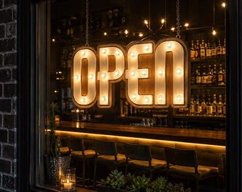 Handcrafted Wood OPEN Marquee Sign, LED Storefront Window Decor