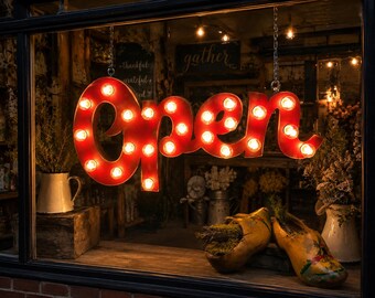 Handcrafted Wood OPEN Marquee Light Sign, LED Illuminated Business Display (24" Block or Script)