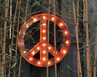 Large metal marquee peace sign - vintage style lighted steel
