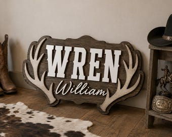 Personalized Antler Name Sign, Western Nursery Decor, 3D Wood Cowboy Wall Art