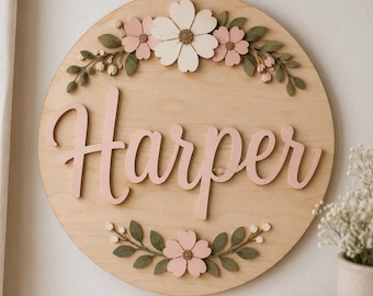 Custom Round Maple Wood Nursery Name Sign, Personalized Baby Wall Decor (14-36 Inch)