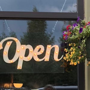 Wood marquee open sign vertical or horizontal lighted open sign rustic plank illuminated storefront sign | business decor & shop display