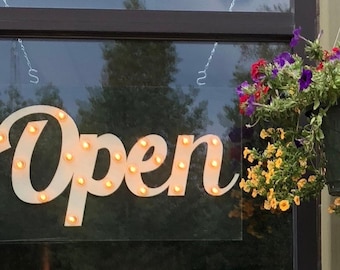 Wood marquee open sign vertical or horizontal lighted open sign rustic plank illuminated storefront sign | business decor & shop display