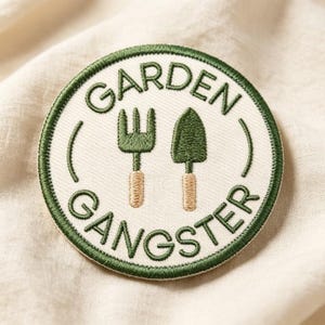 Garden Gangster Embroidered Iron On Patch, Funny Gardening Tool Badge, Organic Living Apparel Detail