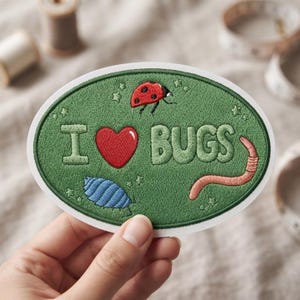 May include: An oval-shaped embroidered patch with a green background featuring the text I (heart symbol) BUGS. The design includes a red ladybug with black spots, a blue segmented insect, a pink earthworm, and small green star accents.