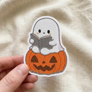 Cute Ghost Reading Book on Pumpkin Iron On Patch, Kawaii Halloween Embroidery