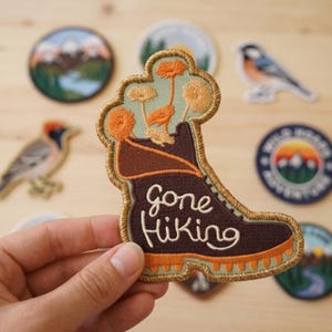 Gone Hiking Embroidered Patch Iron On Adventure Boot with Flowers Travel Applique