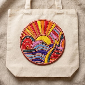 May include: A cream-colored tote bag featuring a colorful embroidered patch. The patch depicts a stylized sunrise over a mountain range, with vibrant hues of red, orange, yellow, blue, and purple. The design is circular with a brown border.