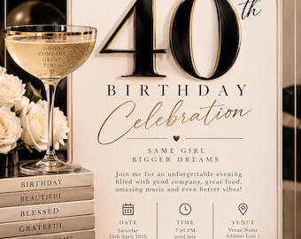 Puede incluir: Una tarjeta de invitación para un 40 cumpleaños en forma de arco con texto en negro y dorado. El diseño incluye las frases Forty Looks Good On Me, Same Girl Bigger Dreams y Dress To Impress, con espacios para fecha, hora y lugar.