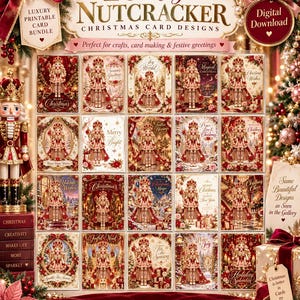 Peut inclure: Un lot de téléchargement numérique comprenant 20 modèles uniques de cartes de Noël avec des casse-noisettes. La collection présente diverses illustrations ornées de casse-noisettes dans des tons rouge et or, agrémentées d'images festives.