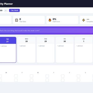 May include: A digital weekly productivity planner template with a white and purple color scheme. The planner includes sections for tasks, goals, and daily habits. The dates are from April 27 to May 3, 2026.
