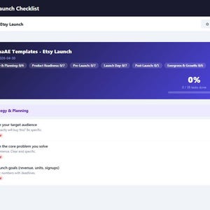 Könnte beinhalten: Eine Checkliste für den Start digitaler Produkte mit dem Titel "NavanaAE Templates - Etsy Launch". Die Checkliste wird auf weißem Hintergrund mit einem lila und blauen Farbschema angezeigt. Sie enthält Abschnitte für Strategie und Aufgaben.