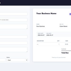 Könnte beinhalten: Eine digitale Rechnungsvorlage mit Feldern für Unternehmens- und Kundendaten. Die Rechnung enthält Abschnitte für Ausstellungs- und Fälligkeitsdaten, Beschreibung, Menge, Satz und Betrag. Die Rechnung ist mit "DRAFT" gekennzeichnet.