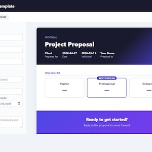 Peut inclure: Modèle numérique de proposition de projet avec un design dégradé bleu foncé et violet. Le modèle comprend des sections pour les informations sur le client, les détails de la proposition et les options d'investissement.