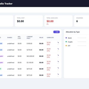 May include: Digital investment portfolio tracker interface with a white and blue color scheme. Displays portfolio value, total cost, and holdings. Includes sections for asset types like stock, crypto, and ETF.