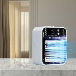 May include: A white mini air cooler with a black front panel featuring a digital display showing 99 percent, fan icons, and the text Mini air cooler. The device has horizontal slats emitting a blue light effect, indicating airflow and cooling.