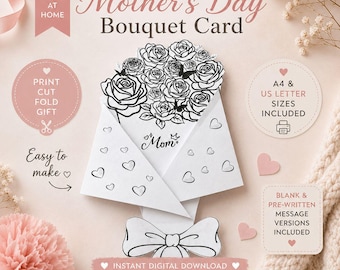 Printable Mother’s Day Bouquet Card, DIY Flower Envelope Craft, Kids Coloring Card, Instant Digital Download, A4 & US Letter PDF