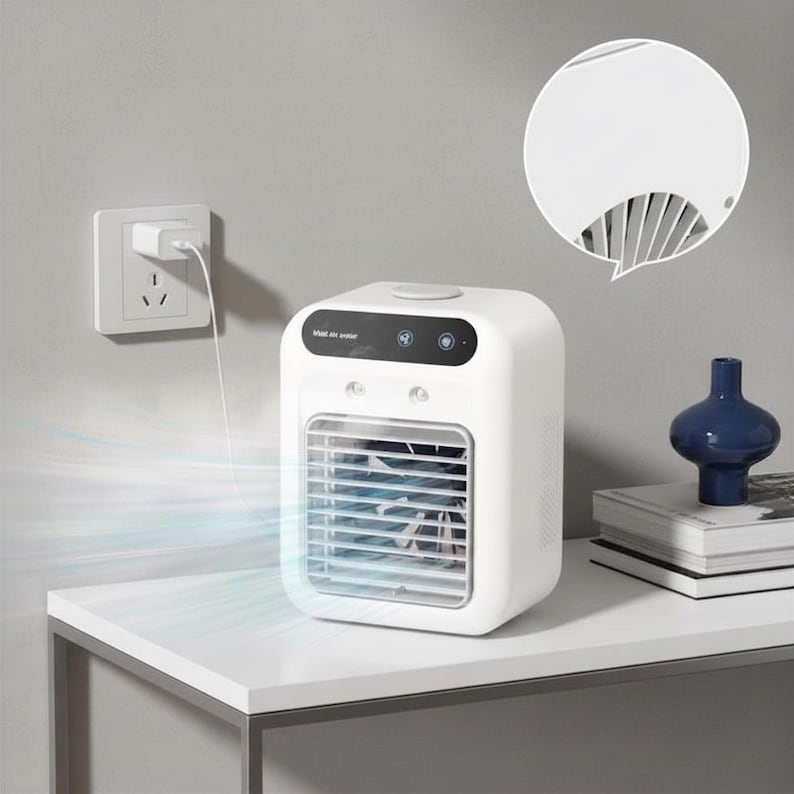 May include: A white portable air cooler with a rectangular body, horizontal front slats, and a black control panel featuring the text "Mini Air Cooler". The device is plugged into a wall outlet with a white cord and emits a blue light effect.