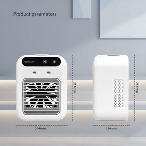 May include: A white mini air cooler with a black control panel labeled "Mini air cooler" and two circular icons. The front view shows a fan behind horizontal slats. Dimensions are 214mm in height, 164mm in width, and 114mm in side depth.