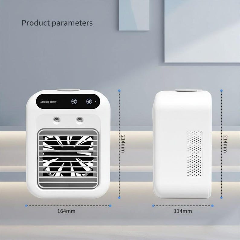 May include: A white mini air cooler with a black control panel labeled "Mini air cooler" and two circular icons. The front view shows a fan behind horizontal slats. Dimensions are 214mm in height, 164mm in width, and 114mm in side depth.