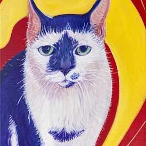 May include: A painting of a white and blue cat with green eyes. The cat is sitting in front of a yellow and red swirl background.