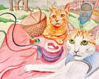 Everyday is a Picnic, When You're in Rescue.  "Transformations Painted in Color" rescue cats portrait Giclee print