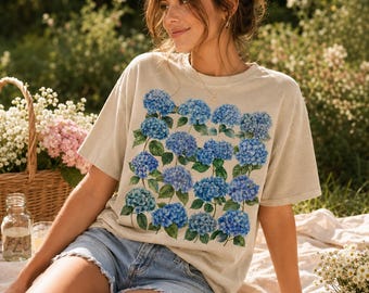 Blue Hydrangea Shirt Comfort Colors Botanical Floral Tee, Cottagecore Garden Shirt, Flower Lover Gift for Women Nature Lovers