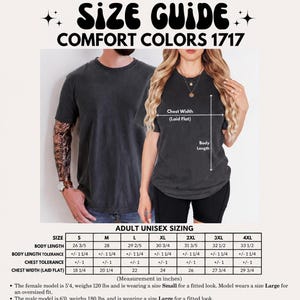 May include: Size guide for Comfort Colors 1717 adult unisex sizing. The image shows a man and woman wearing dark gray t-shirts. The size chart provides measurements in inches for body length and chest width, ranging from size small to 4XL.