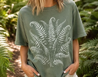 Forest Fern Shirt Comfort Colors Botanical Tee, Vintage Linocut Fern Leaves, Dark Academia Cottagecore Nature Gift for Women