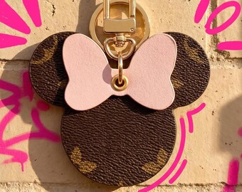 Classic Monogram Keychain Charm | Brown Vintage Floral Faux Leather Bow Bag Accessory