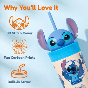 May include: A blue and tan water bottle featuring a 3D Stitch character cover and a built-in straw. The bottle has fun cartoon prints of Stitch and the text "Why You'll Love It", "3D Stitch Cover", "Fun Cartoon Prints", and "Built-in Straw".
