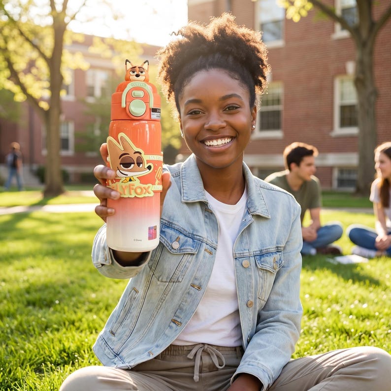 May include: Orange and white water bottle featuring a cartoon fox character. The bottle has a fox-shaped top and the text "Fly Fox". The bottle is held by a person sitting on the grass.