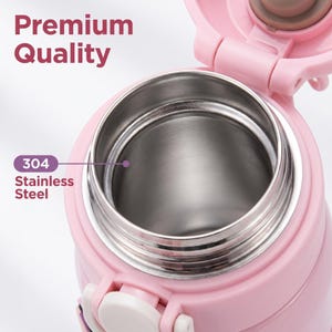 May include: A pink insulated water bottle with a stainless steel interior, viewed from above. The bottle is open, showing the inside. Text on the bottle reads "Premium Quality" and "304 Stainless Steel". The lid is also pink.