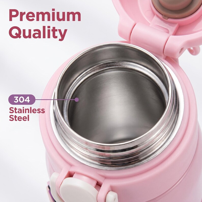 May include: A pink insulated water bottle with a stainless steel interior, viewed from above. The bottle is open, showing the inside. Text on the bottle reads "Premium Quality" and "304 Stainless Steel". The lid is also pink.
