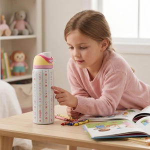 Puede incluir: Una botella de agua blanca con un estampado floral y una tapa amarilla y rosa est&aacute; sobre una mesa de madera. Una ni&ntilde;a peque&ntilde;a con un su&eacute;ter rosa est&aacute; mirando la botella. Tambi&eacute;n hay crayones y un libro abierto sobre la mesa.